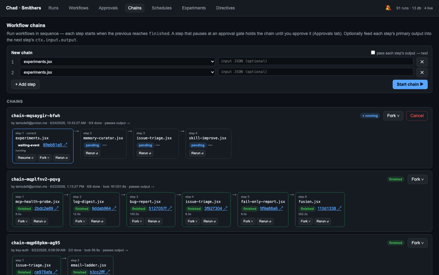 Chains tab — workflows strung into resumable, forkable pipelines