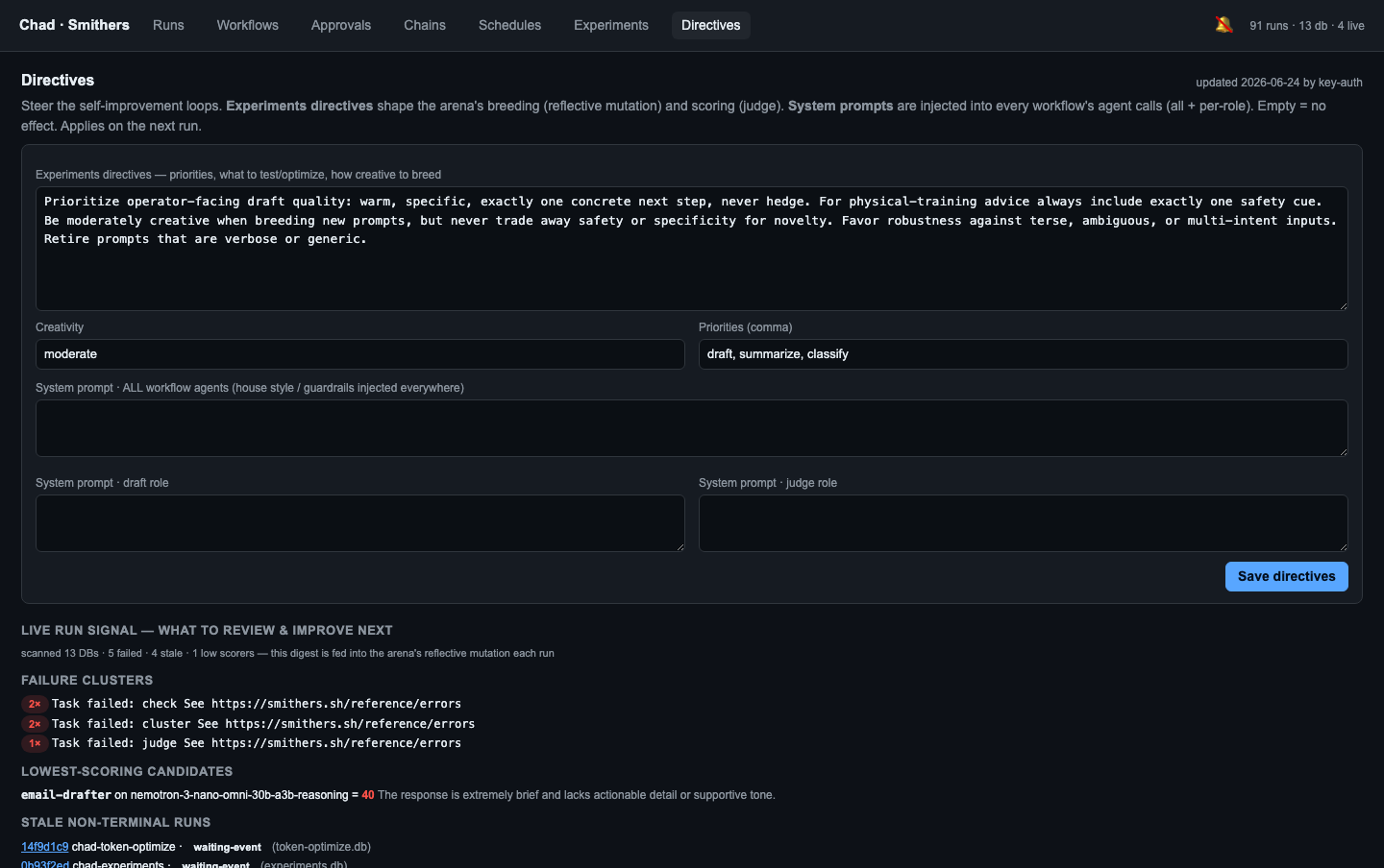 Directives tab — operator steering plus the live DB-signal digest