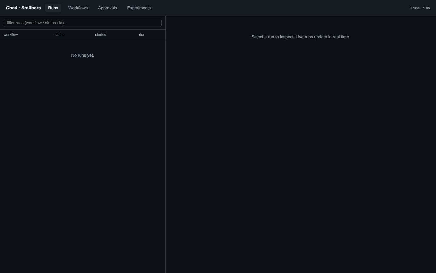 Runs dashboard — run list and live run detail